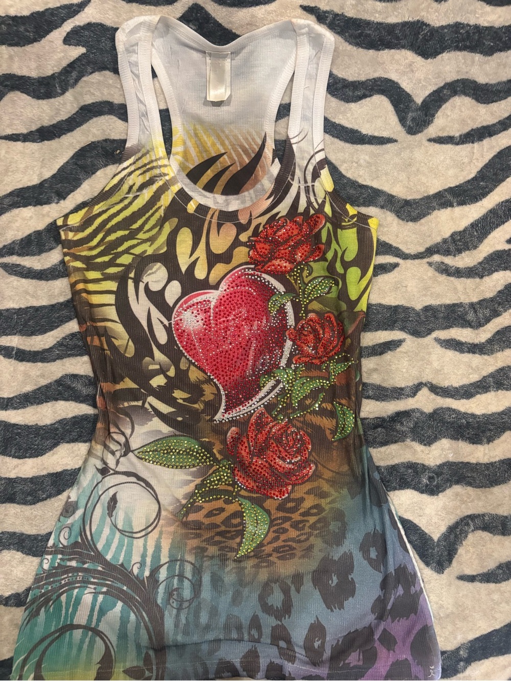 VTG Y2K MISSPINKY Rhinestone Tattoo Graphic Racerback Tank Top L